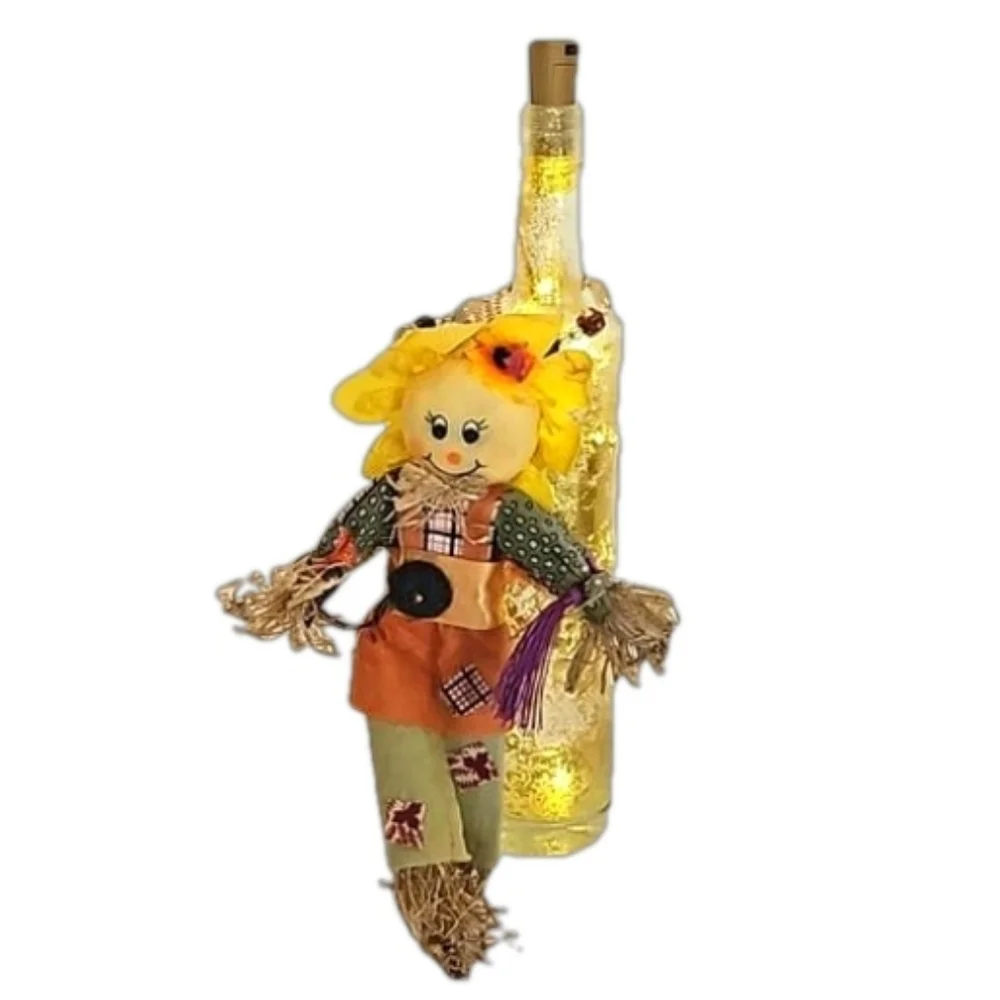 Hand Crafted Upcycled Fall Bottle Art Floral Sunflower Scarecrow Lighgt- up